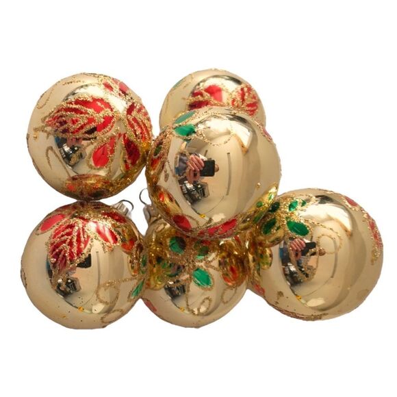 Commodore Christmas Classics Ornaments x 7 Glass Ball Hand Decorated Poinsettia. - Picture 9 of 16